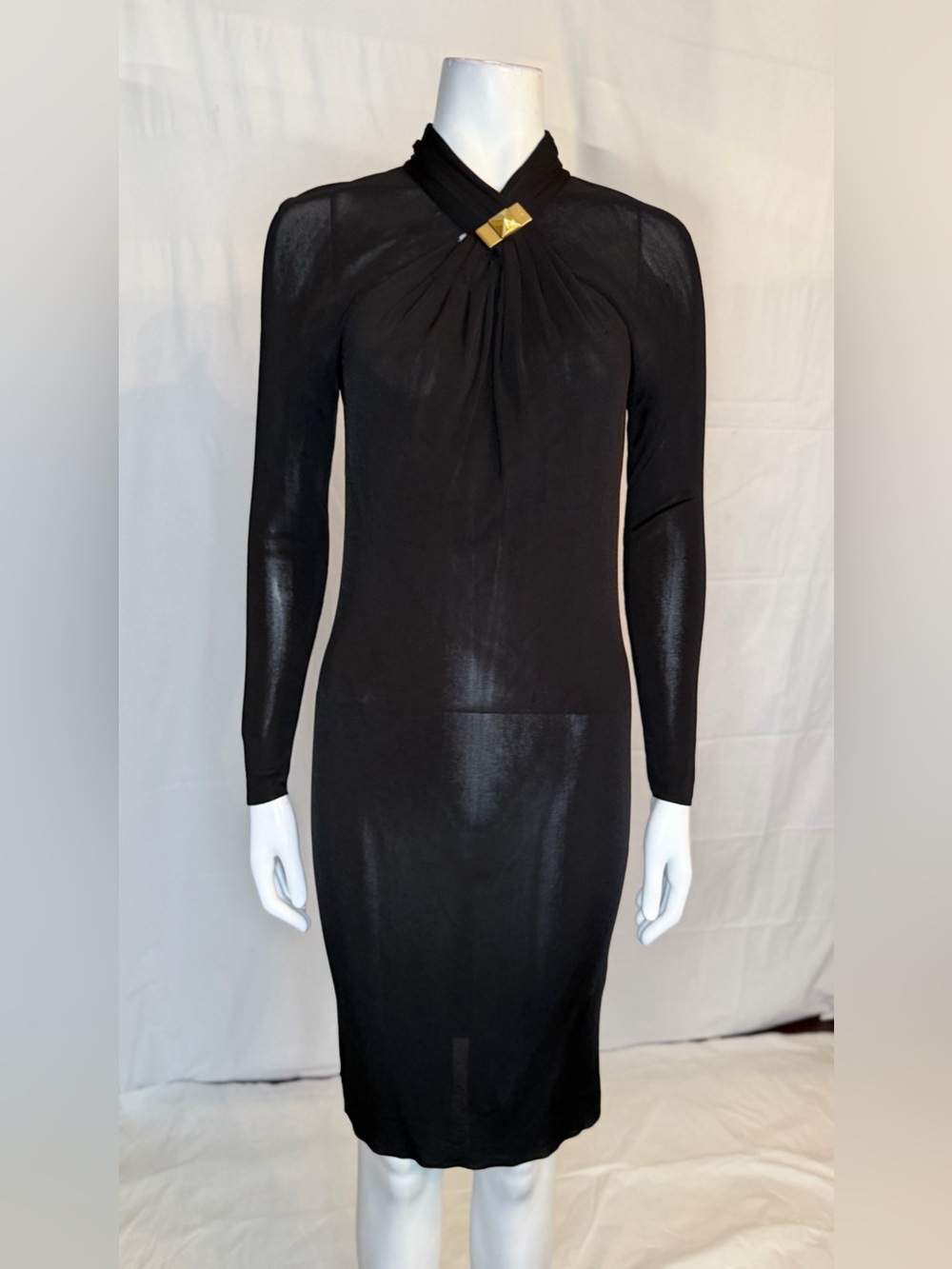 Gucci Black Long-Sleeve Twist-Neck Dress with Gold Accent - Picture 1 of 10